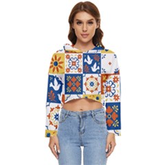 Mexican-talavera-pattern-ceramic-tiles-with-flower-leaves-bird-ornaments-traditional-majolica-style- Women s Lightweight Cropped Hoodie by uniart180623