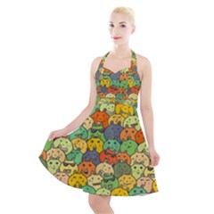 Seamless Pattern With Doodle Bunny Halter Party Swing Dress  by uniart180623