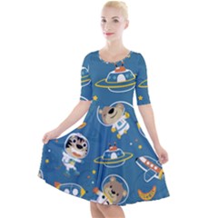 Seamless-pattern-funny-astronaut-outer-space-transportation Quarter Sleeve A-line Dress by uniart180623