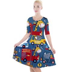Seamless-pattern-vehicles-cartoon-with-funny-drivers Quarter Sleeve A-line Dress by uniart180623