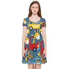 Seamless-pattern-vehicles-cartoon-with-funny-drivers Inside Out Cap Sleeve Dress by uniart180623