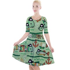 Seamless-pattern-fishes-pirates-cartoon Quarter Sleeve A-line Dress by uniart180623