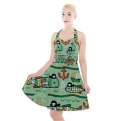Seamless-pattern-fishes-pirates-cartoon Halter Party Swing Dress  by uniart180623