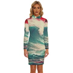 Storm Tsunami Waves Ocean Sea Nautical Nature Painting Long Sleeve Shirt Collar Bodycon Dress by uniart180623