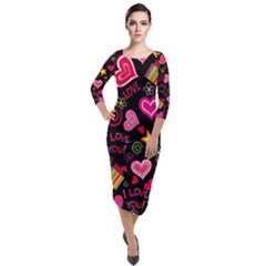 Multicolored Love Hearts Kiss Romantic Pattern Quarter Sleeve Midi Velour Bodycon Dress by uniart180623