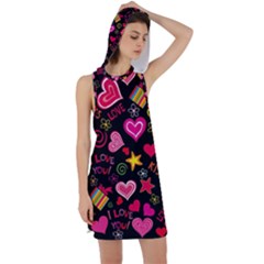Multicolored Love Hearts Kiss Romantic Pattern Racer Back Hoodie Dress by uniart180623