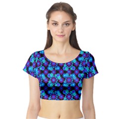 Bitesize Flowers Pearls And Donuts Purple Blue Black Short Sleeve Crop Top by Mazipoodles