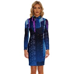 Night Music The City Neon Background Synth Retrowave Long Sleeve Shirt Collar Bodycon Dress by uniart180623