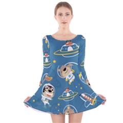 Seamless-pattern-funny-astronaut-outer-space-transportation Long Sleeve Velvet Skater Dress by Simbadda