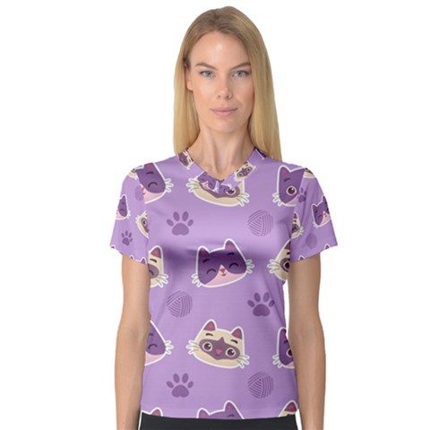 Cute-colorful-cat-kitten-with-paw-yarn-ball-seamless-pattern V-neck Sport Mesh Tee by Simbadda