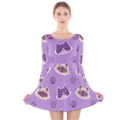 Cute-colorful-cat-kitten-with-paw-yarn-ball-seamless-pattern Long Sleeve Velvet Skater Dress by Simbadda