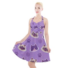 Cute-colorful-cat-kitten-with-paw-yarn-ball-seamless-pattern Halter Party Swing Dress  by Simbadda