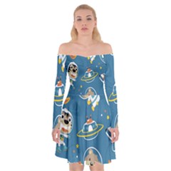 Seamless-pattern-funny-astronaut-outer-space-transportation Off Shoulder Skater Dress by Simbadda