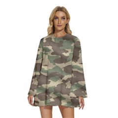 Camouflage Design Round Neck Long Sleeve Bohemian Style Chiffon Mini Dress by Excel