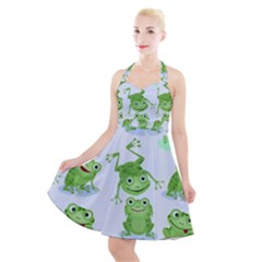 Cute-green-frogs-seamless-pattern Halter Party Swing Dress  by Simbadda