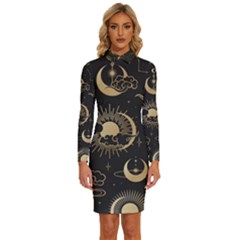 Asian-seamless-pattern-with-clouds-moon-sun-stars-vector-collection-oriental-chinese-japanese-korean Long Sleeve Shirt Collar Bodycon Dress by Simbadda