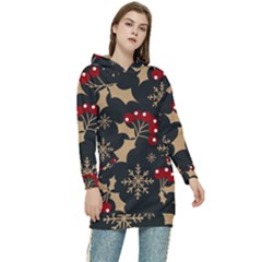 Christmas-pattern-with-snowflakes-berries Women s Long Oversized Pullover Hoodie by Simbadda