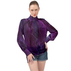 Feather Pattern Texture Form High Neck Long Sleeve Chiffon Top by Grandong