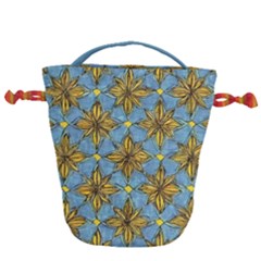 Gold Abstract Flowers Pattern At Blue Background Drawstring Bucket Bag by Casemiro