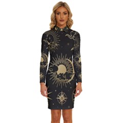 Asian-set With Clouds Moon-sun Stars Vector Collection Oriental Chinese Japanese Korean Style Long Sleeve Shirt Collar Bodycon Dress by Bangk1t