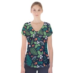 Pattern Forest Leaf Fruits Flowers Motif Short Sleeve Front Detail Top by Amaryn4rt