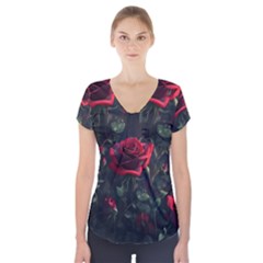 Rose Flower Plant Red Short Sleeve Front Detail Top by Ravend