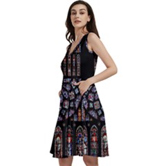 Chartres Cathedral Notre Dame De Paris Stained Glass Sleeveless V-neck Skater Dress With Pockets by Grandong