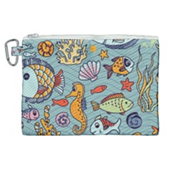 Cartoon Underwater Seamless Pattern With Crab Fish Seahorse Coral Marine Elements Canvas Cosmetic Bag (xl) by uniart180623