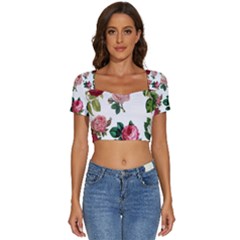 Roses-white Short Sleeve Square Neckline Crop Top  by nateshop