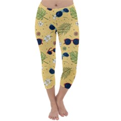 Seamless Pattern Of Sunglasses Tropical Leaves And Flower Capri Winter Leggings  by Bedest
