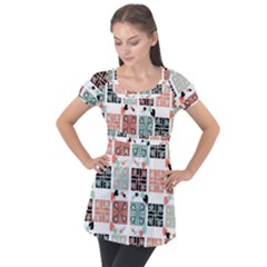 Mint Black Coral Heart Paisley Puff Sleeve Tunic Top by Bedest