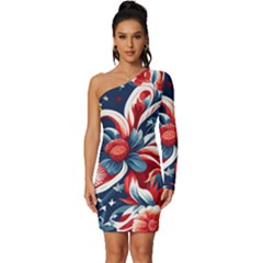 America Pattern Long Sleeve One Shoulder Mini Dress by Valentinaart
