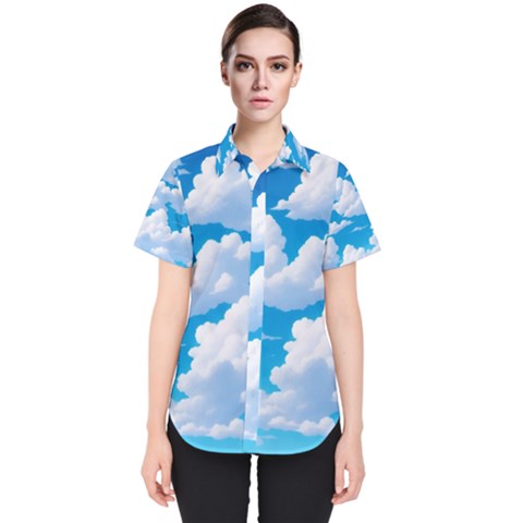 Sky Clouds Blue Cartoon Animated Women s Short Sleeve Shirt by Bangk1t