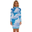 Sky Clouds Blue Cartoon Animated Long Sleeve Shirt Collar Bodycon Dress View1