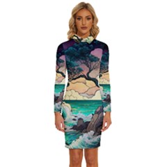 Tree Wave Ocean Long Sleeve Shirt Collar Bodycon Dress by Bangk1t