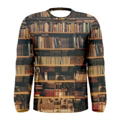 Books On Bookshelf Assorted Color Book Lot In Bookcase Library Men s Long Sleeve T-shirt by Ravend