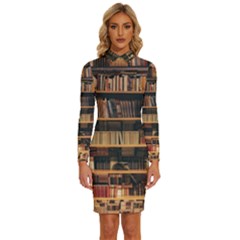 Books On Bookshelf Assorted Color Book Lot In Bookcase Library Long Sleeve Shirt Collar Bodycon Dress by Ravend