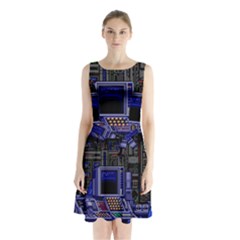 Blue Computer Monitor With Chair Game Digital Art Sleeveless Waist Tie Chiffon Dress by Bedest