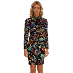Multicolored Doodle Abstract Colorful Multi Colored Long Sleeve Shirt Collar Bodycon Dress by Grandong