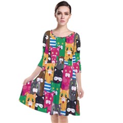 Cats Funny Colorful Pattern Texture Quarter Sleeve Waist Band Dress by Grandong
