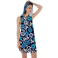 Blue Flower Pattern Floral Pattern Racer Back Hoodie Dress by Grandong