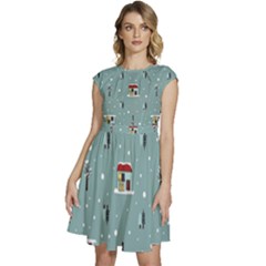 Seamless Pattern With Festive Christmas Houses Trees In Snow And Snowflakes Cap Sleeve High Waist Dress by Grandong