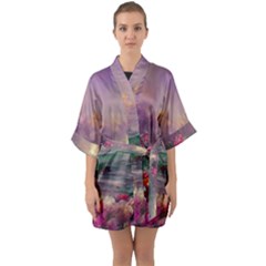 Abstract Flowers  Half Sleeve Satin Kimono  by Internationalstore