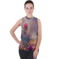 Floral Blossoms  Mock Neck Chiffon Sleeveless Top by Internationalstore