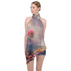 Floral Blossoms  Halter Asymmetric Satin Top by Internationalstore