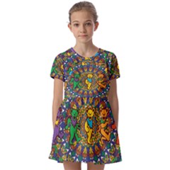 Grateful Dead Pattern Kids  Short Sleeve Pinafore Style Dress by Sarkoni