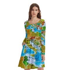 World Map Long Sleeve Knee Length Skater Dress With Pockets by Ket1n9