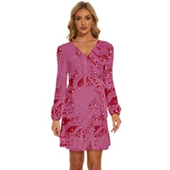 Pink Circuit Pattern Long Sleeve Waist Tie Ruffle Velvet Dress by Ket1n9