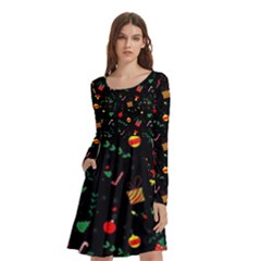 Christmas Pattern Texture Colorful Wallpaper Long Sleeve Knee Length Skater Dress With Pockets by Ket1n9