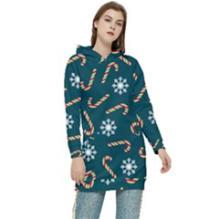Christmas Seamless Pattern With Candies Snowflakes Women s Long Oversized Pullover Hoodie by Ket1n9